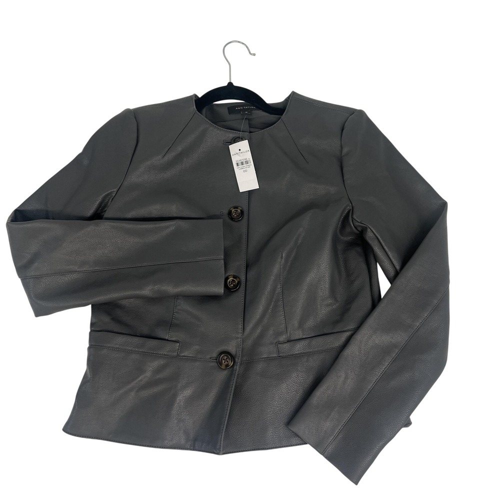NWT Ann Taylor Jacket Womens 00 Gray Faux Leather Moto Button Front Lined Blazer